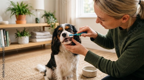 Happy Cavalier King Charles Spaniel getting teeth brushed by owner