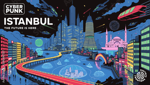 Very beautiful Istanbul cyberpunk poster featuring futuristic illuminated waterways, glowing holographic landmarks, neon bridges connecting continents, reflective rain-soaked streets, flying vehicles,