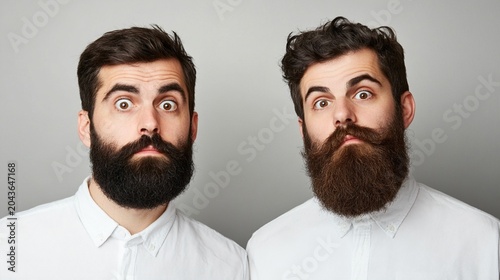 Two bearded men with contrasting expressions: one wide-eyed and surprised, the other calm and composed, showcasing diverse facial hair styles.