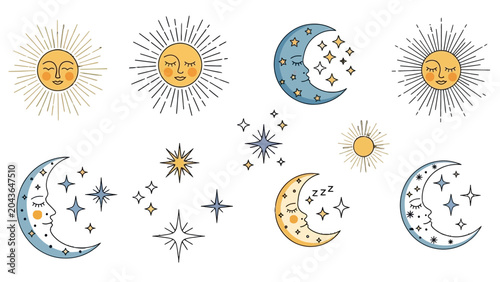 Slika na platnu Collection of celestial bodies including suns and moons with sleeping faces, surrounded by stars and radiating lines, in a whimsical, mystical art style