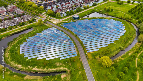 Aerial drone view of solar panel island Zoneiland in Almere, the Netherlands
