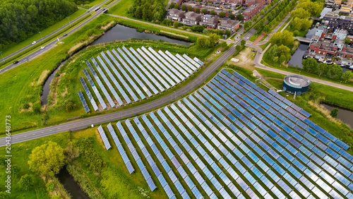 Aerial drone view of solar panel island Zoneiland in Almere, the Netherlands
