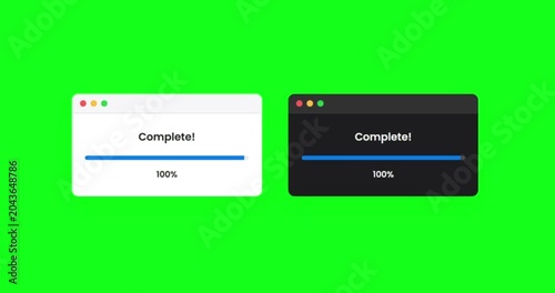 Loading progress bars in light and dark modes, modern flat motion graphic animation, seamless loop isolated on a bright green chroma key background