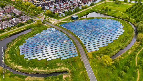 Aerial drone view of solar panel island Zoneiland in Almere, the Netherlands