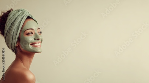 Carefree head-and-shoulders portrait of a woman wearing a green clay mask, looking away with delight in a studio setting