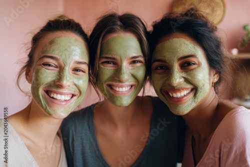 Casual home spa scene featuring three women with green masks and a soft pink wall
