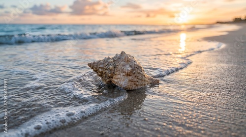 Beach sunset seashell on sandy shore with waves