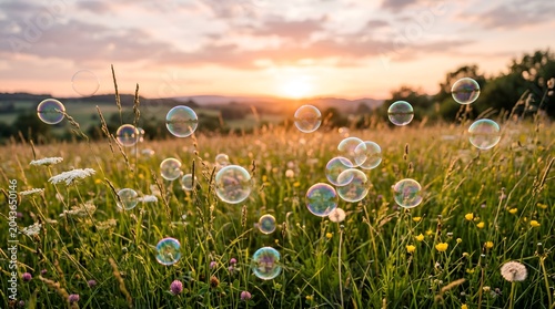 Soap bubbles floating over a serene summer meadow at sunset