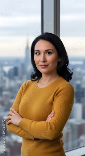 Confident businesswoman in yellow sweater with city skyline view