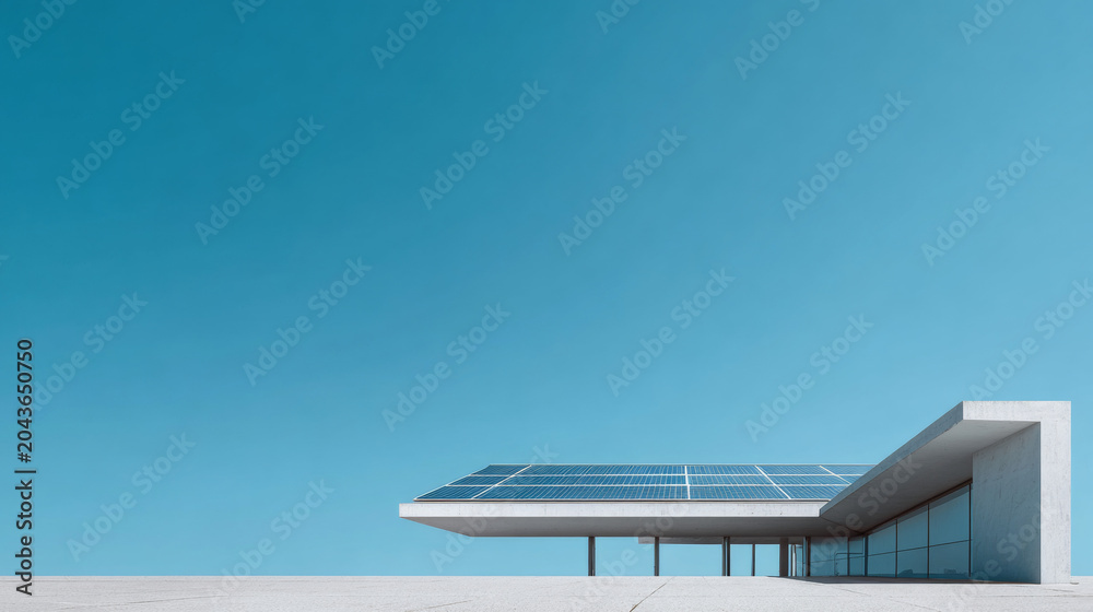 Fototapeta premium Solar panels on a modern minimalist roof, blue sky, clean energy concept, architectural shot 
