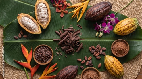 Tropical flat lay of cacao pods, cocoa nibs, chocolate shavings, powder, and exotic flowers on a lush green banana leaf.