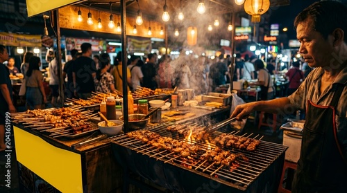 Asian street food vendor grilling meat at night market