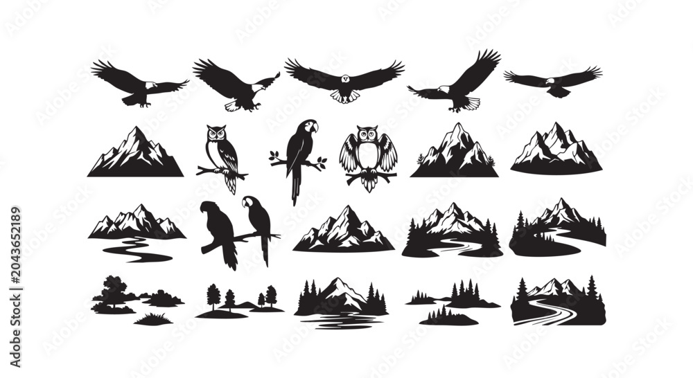 Obraz premium Nature elements vector silhouette set with eagles, owls, parrots, mountains, and trees.