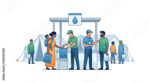 Quadro su tela Humanitarian aid workers distributing clean drinking water to people in a refugee camp