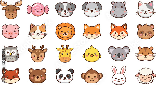 Photography Cute animal face sticker bundle with kawaii cartoon avatar characters including