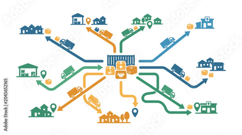Bild auf Leinwand A logistics network diagram showing a central warehouse distributing goods to various locations
