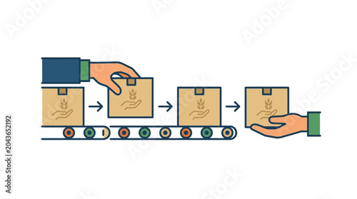 Tableau sur toile Illustration of a conveyor belt system moving cardboard boxes from a sender to a receiver