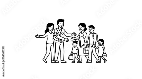 A humanitarian aid worker greeting a displaced refugee family with children.