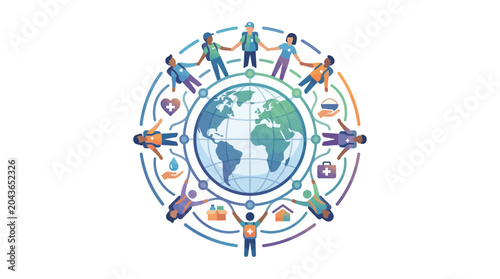 Tableau sur toile Diverse group of people holding hands around a globe representing global unity and cooperation