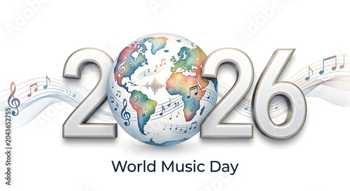 World music day typography logo concept on background.