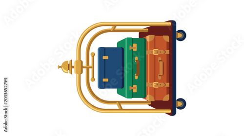Luxury hotel bell cart loaded with colorful vintage suitcases on a clean white background for travel hospitality design