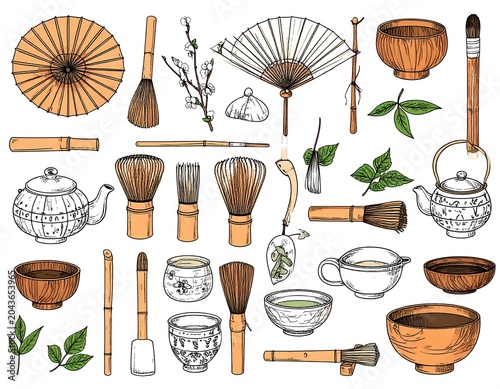 A collection of traditional tea utensils and accessories