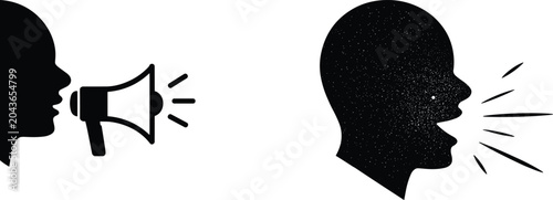 Tableau sur toile Black and white vector illustration of human heads with megaphone and sound wave