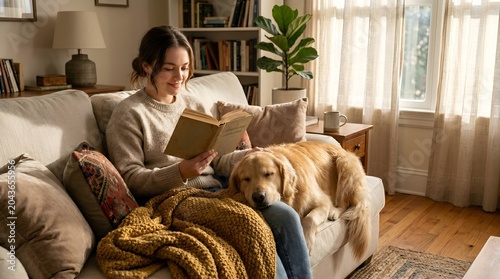 Woman reading book on couch with golden retriever dog