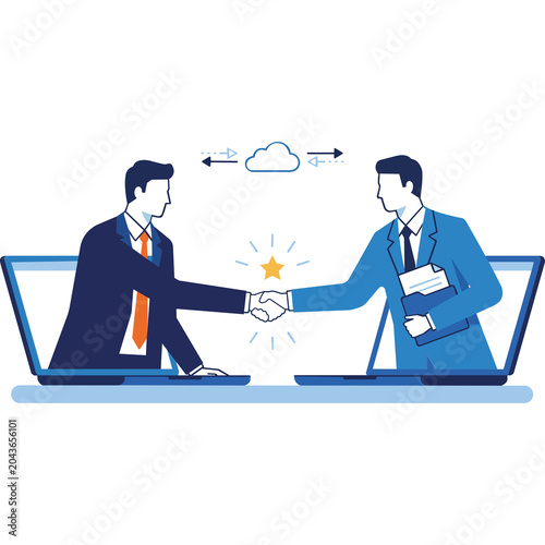 Professional business handshake through laptop screens, virtual partnership and online collaboration, digital agreement in cloud computing environment