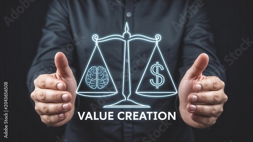 Value creation concept with a human brain and a dollar sign on a balance scale, held by a businessman