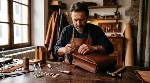 Man working on leather bag in workshop studio