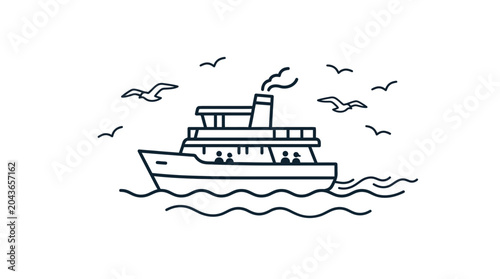 Photos A simple black and white line art illustration of a passenger ship sailing on the ocean