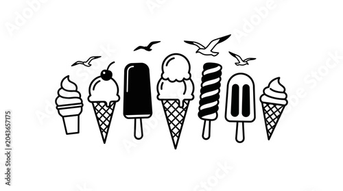 Obraz na płótnie A collection of various ice cream treats and popsicles with flying seagulls in a simple black and white line art style