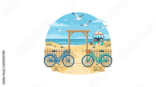 Obraz na plátně Two vintage bicycles parked at a wooden beach entrance gate.