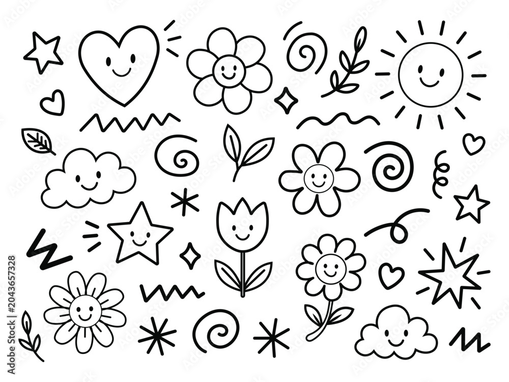 Fototapeta premium Hand drawn doodle set with happy sun, clouds, stars, flowers and hearts.