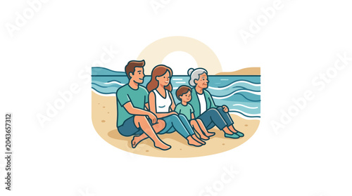 Photos A multi-generational family sitting together on the beach enjoying a peaceful moment