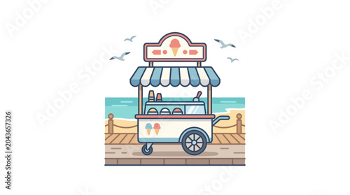 Foto A charming vintage style ice cream cart with striped awning and wheels