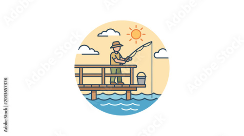 Quadro em tela A cartoon illustration of a fisherman standing on a wooden pier holding a fishing rod