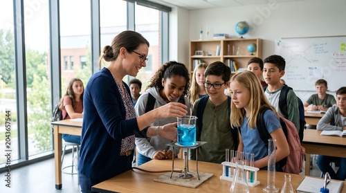 Teacher and students conducting science experiment in classroom