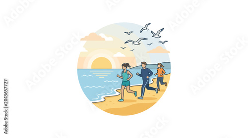 Schilderij op canvas Three diverse people jogging together along a sandy beach during a sunny morning