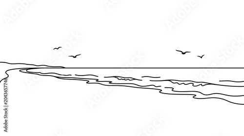 Cuadro en lienzo Minimalist line art drawing of a peaceful beach scene with flying birds