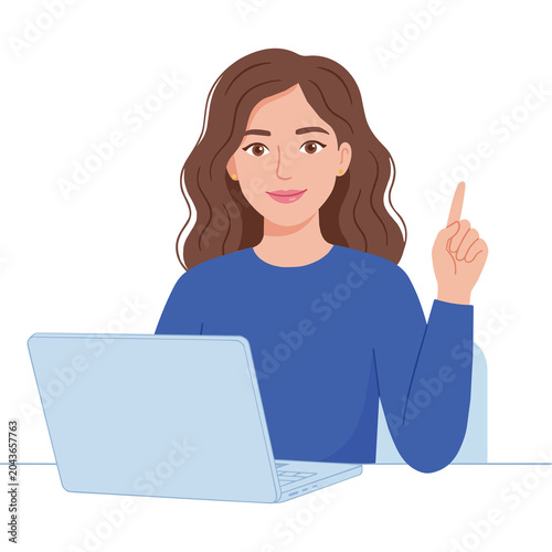 Young woman working on laptop pointing finger up, female professional with creative idea, student using computer for online education