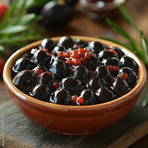 Bowl of marinated olives on a table