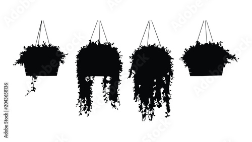 Canvas Print Set of four hanging basket plant silhouettes with trailing vines for interior design art