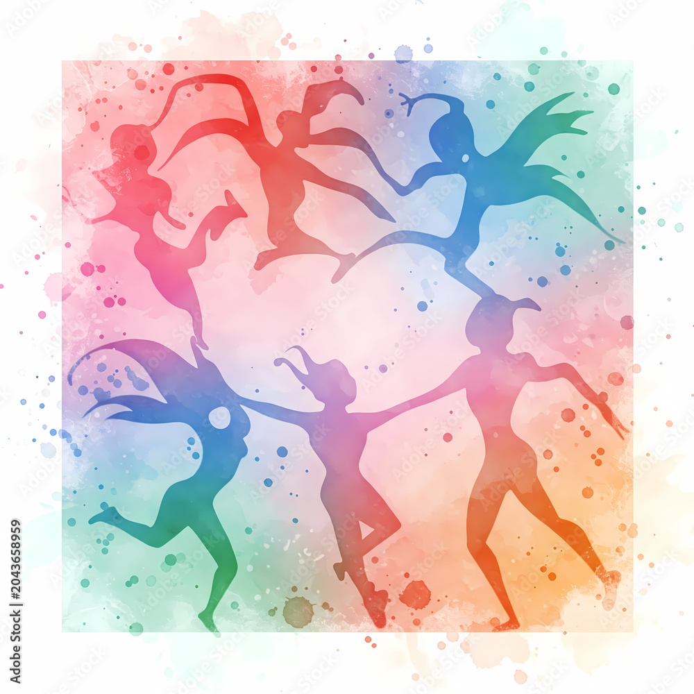 Fototapeta premium Fairies dancing together in watercolor circle, magic fantasy and joy concept