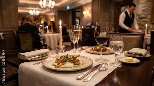 Fine dining restaurant table setting with elegant meal
