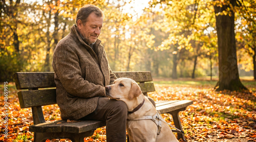 Elderly man sitting on bench with yellow lab in autumn park  