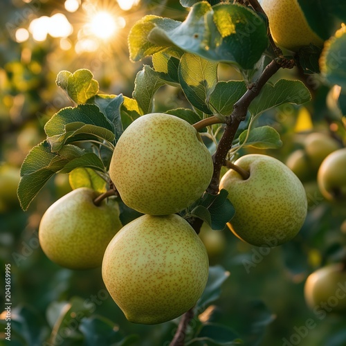 Green pears on tree branch with leaves, fresh fruit growing in orchard