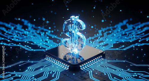 Digital currency and financial technology concept featuring a glowing blue dollar sign on a computer microchip currency technology microchip business electronic processor motherboard computer