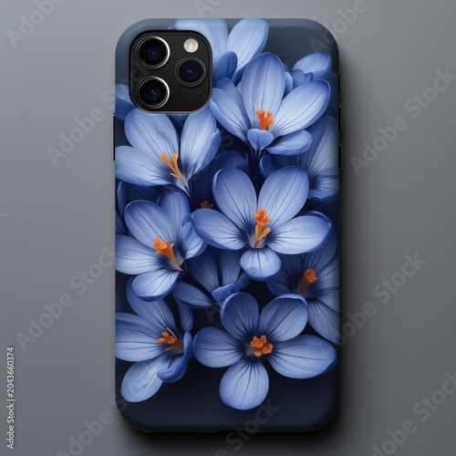 Smartphone with blue flower pattern case on dark background, top view